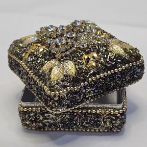 BOHO Gold & Colored Beads - Beaded Metal Trinket Box Small Vintage ** READ **